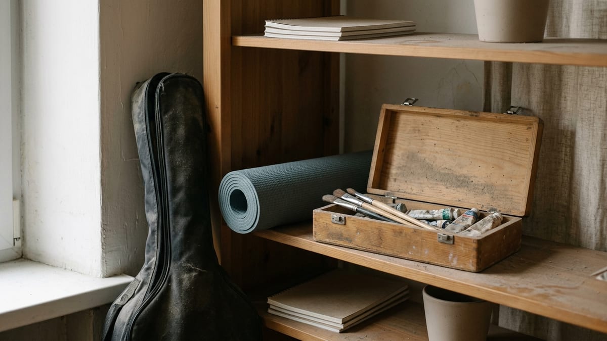 Полка с забытыми увлечениями: гитара в чехле, свёрнутый коврик для йоги и коробка с красками в пыли